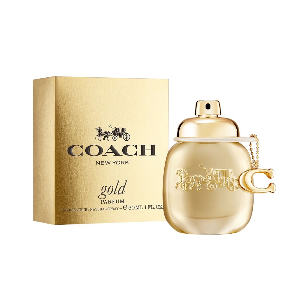 Coach Gold Parfum 30ml, a sleek, gold-toned bottle with a classic design, suggesting a luxurious, warm, and sweet feminine fragrance.