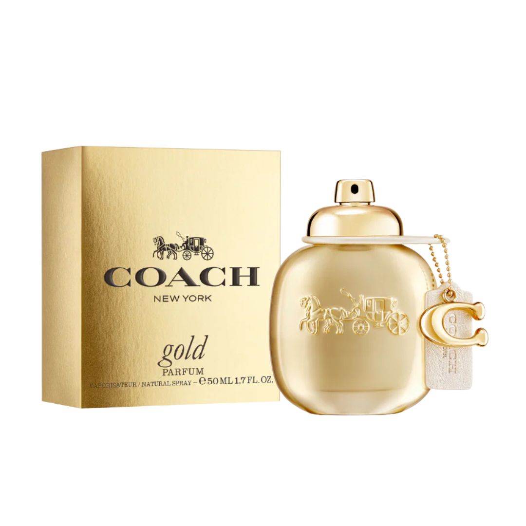 Coach Gold Parfum 50ml, a sleek, gold-toned bottle with a classic design, suggesting a luxurious, warm, and sweet feminine fragrance.