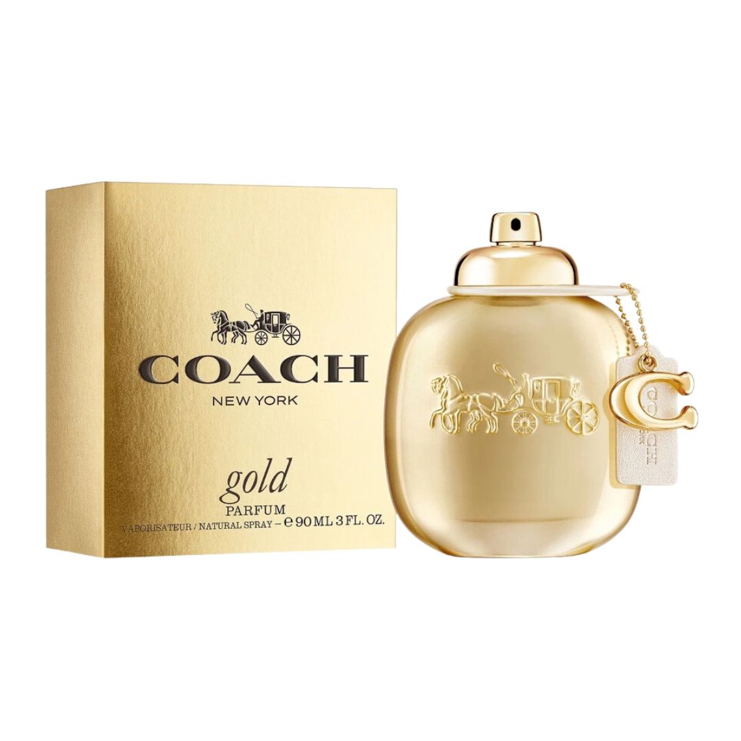 Coach Gold Parfum 90ml, a sleek, gold-toned bottle with a classic design, suggesting a luxurious, warm, and sweet feminine fragrance.