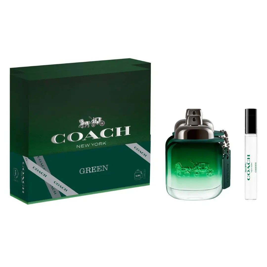 Coach Green 60ml EDT 2 Piece Gift Set, featuring the green bottle and a 7.5ml travel spray in an elegant gift box.