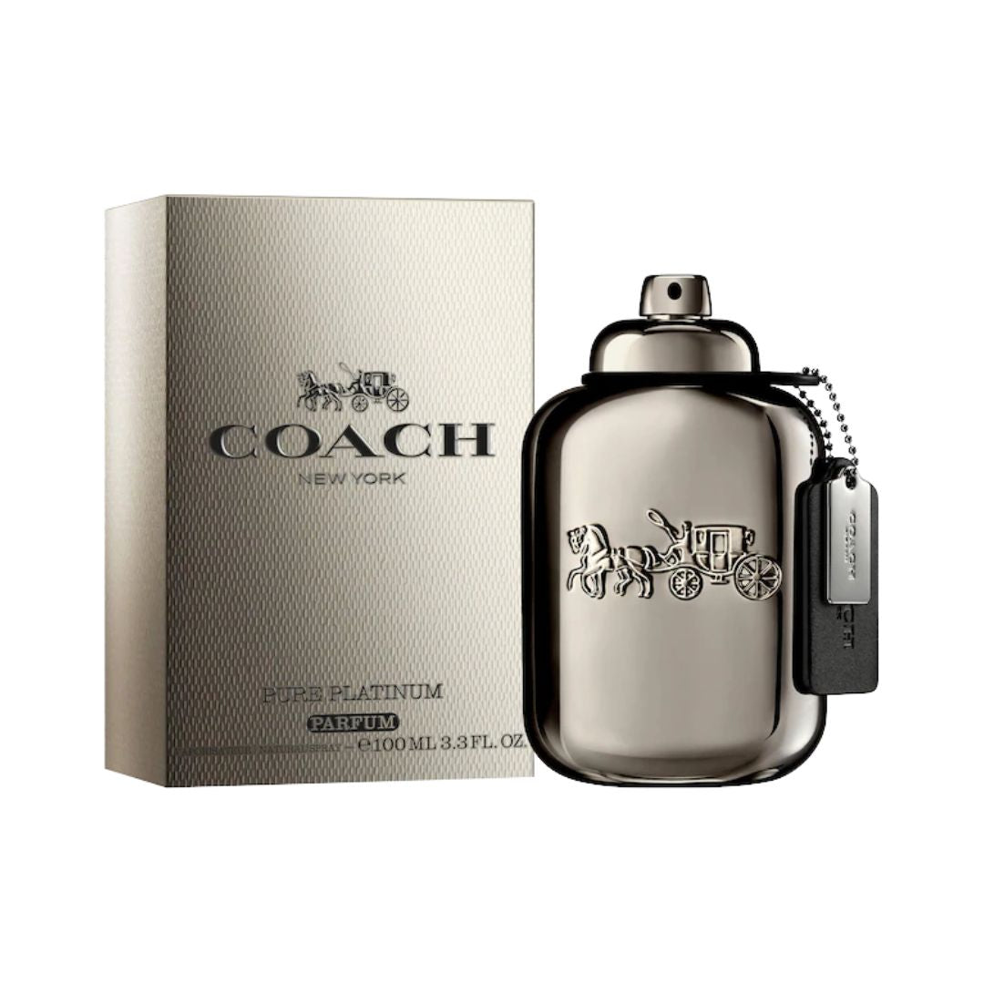 Coach Man Pure Platinum Parfum 100ml for Men perfume bottle and packaging on a white background