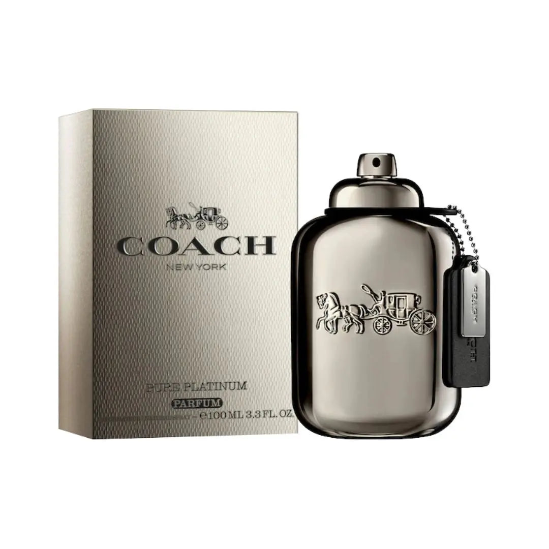 Coach Man Pure Platinum Parfum 100ml for Men perfume bottle and packaging on a white background