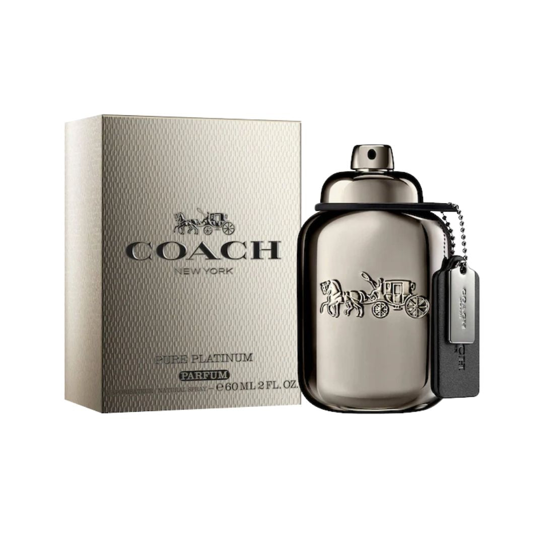 Coach Man Pure Platinum Parfum 60mlperfume bottle and packaging on a white background
