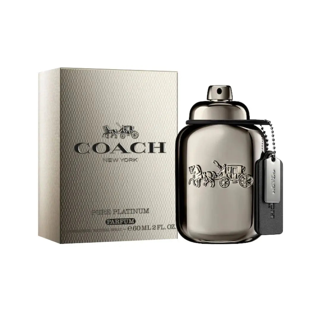 Coach Man Pure Platinum Parfum 60mlperfume bottle and packaging on a white background