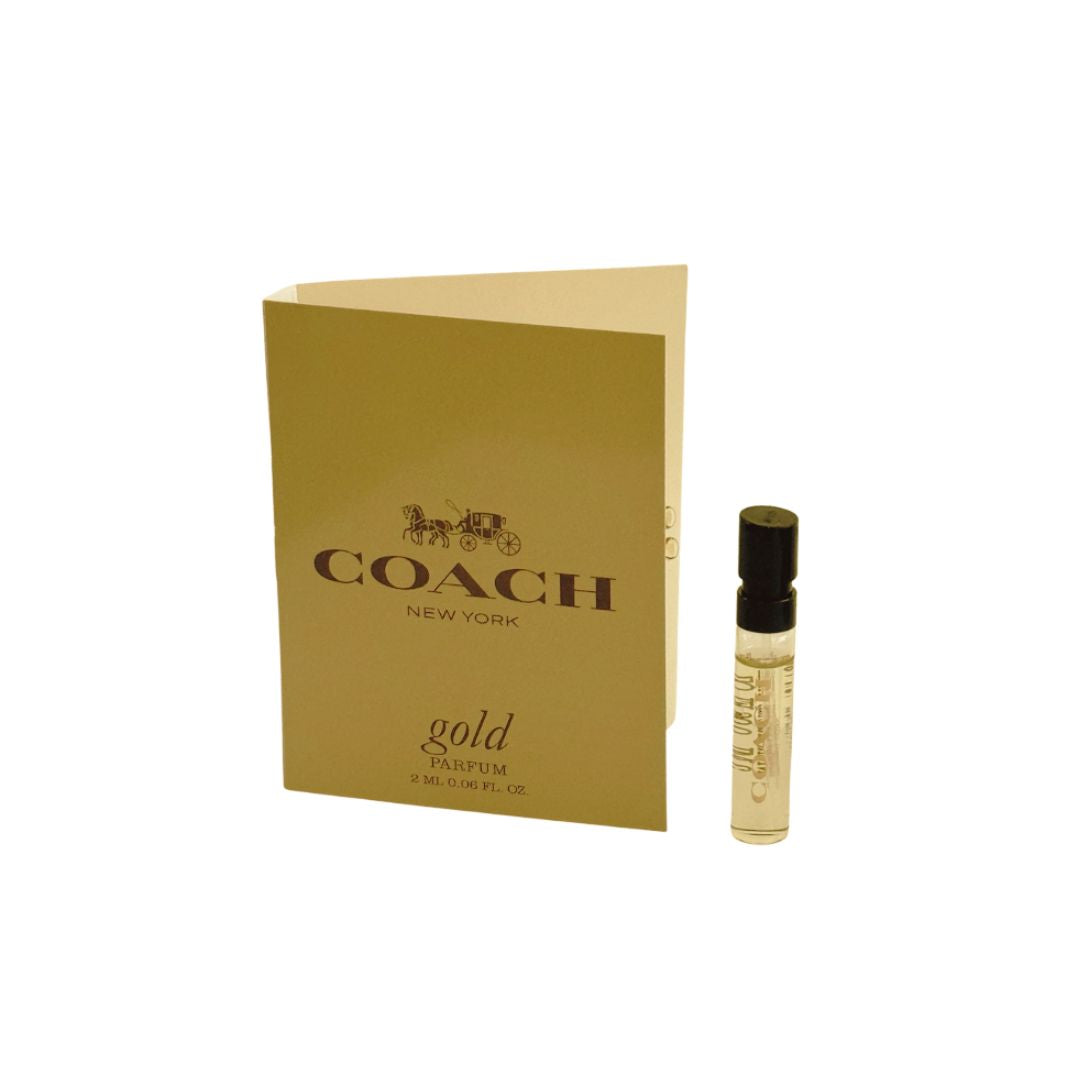Coach Woman Gold Parfum 2ml vial sample, a small glass tube, perfect for trying a luxurious, warm, and sweet feminine fragrance.