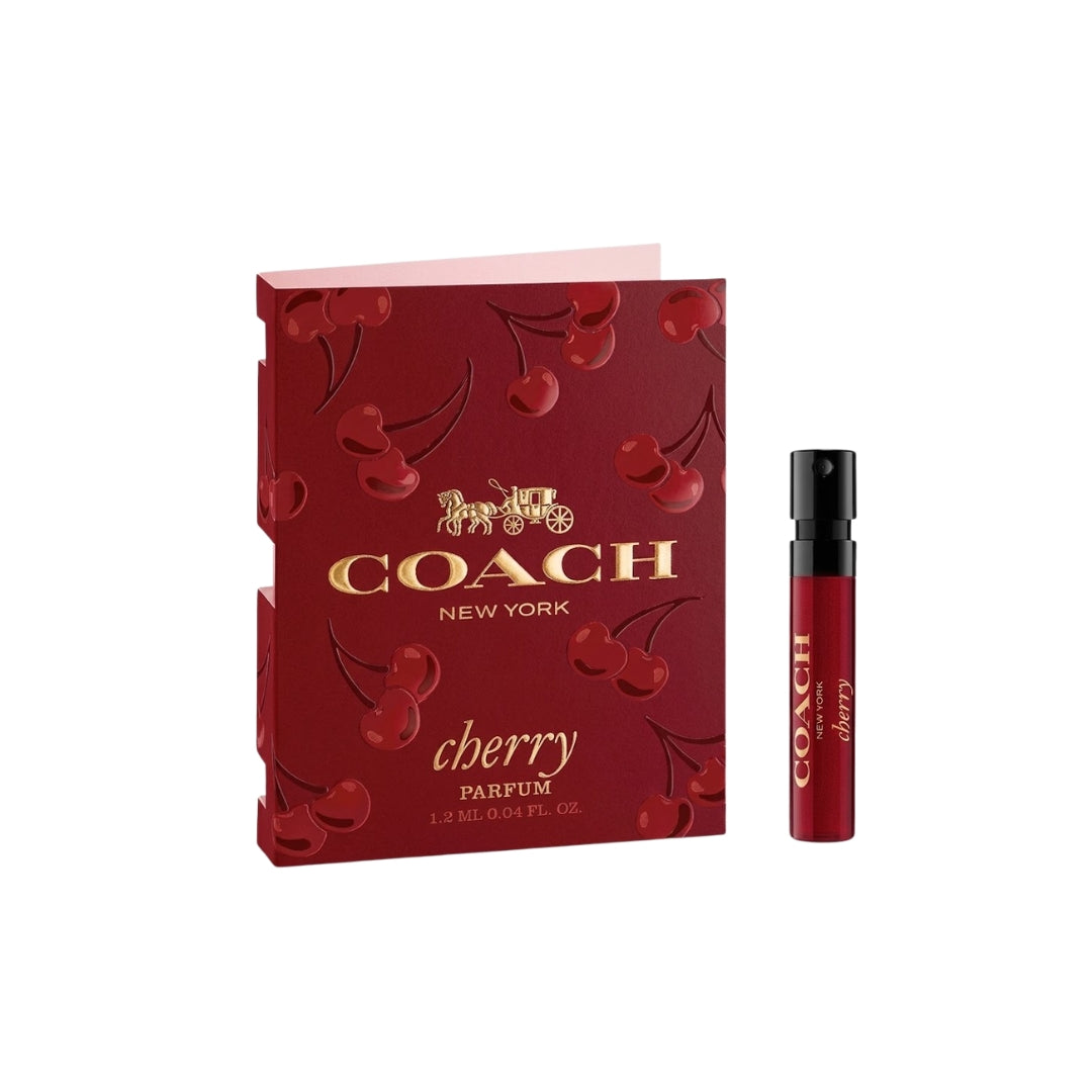 Coach Cherry Parfum 1.2ml Sample Vial featuring a red decorated with cherry illustrations and gold lettering, alongside a matching red cylindrical perfume sample vial with a black cap on a white background.