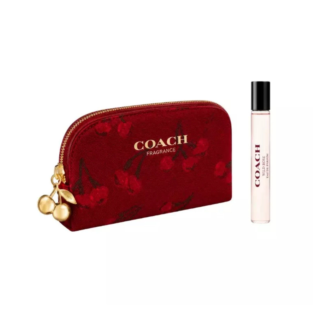 Coach Cherry Parfum Purse Spray 7.5ml featuring a red floral velvet zippered pouch with gold hardware and a matching Coach perfume sample spray vial on a plain white background.