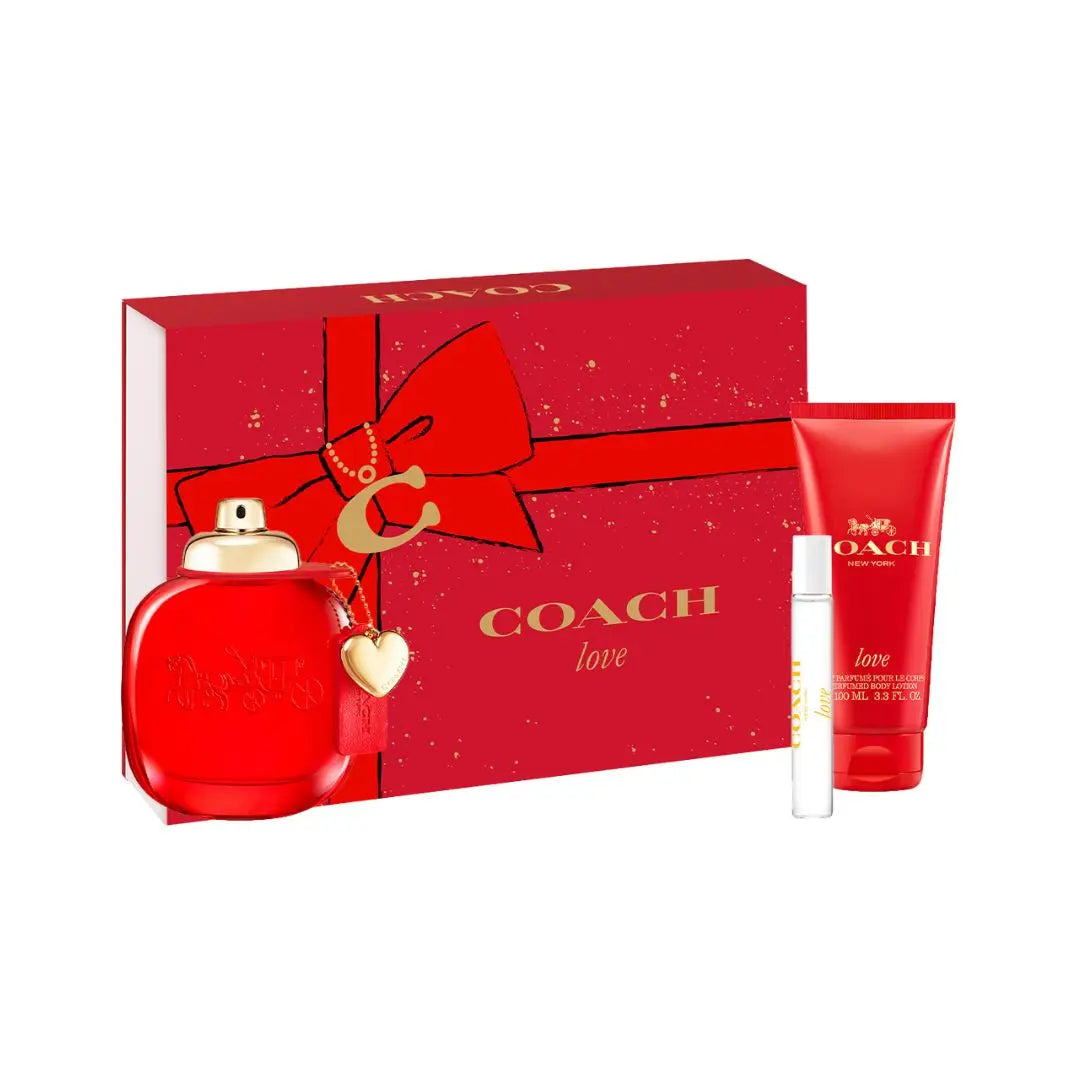 Coach Love 3-piece gift set featuring the 90ml red perfume bottle, 100ml body lotion, and 7.5ml travel spray in a signature Red colour Coach box.
