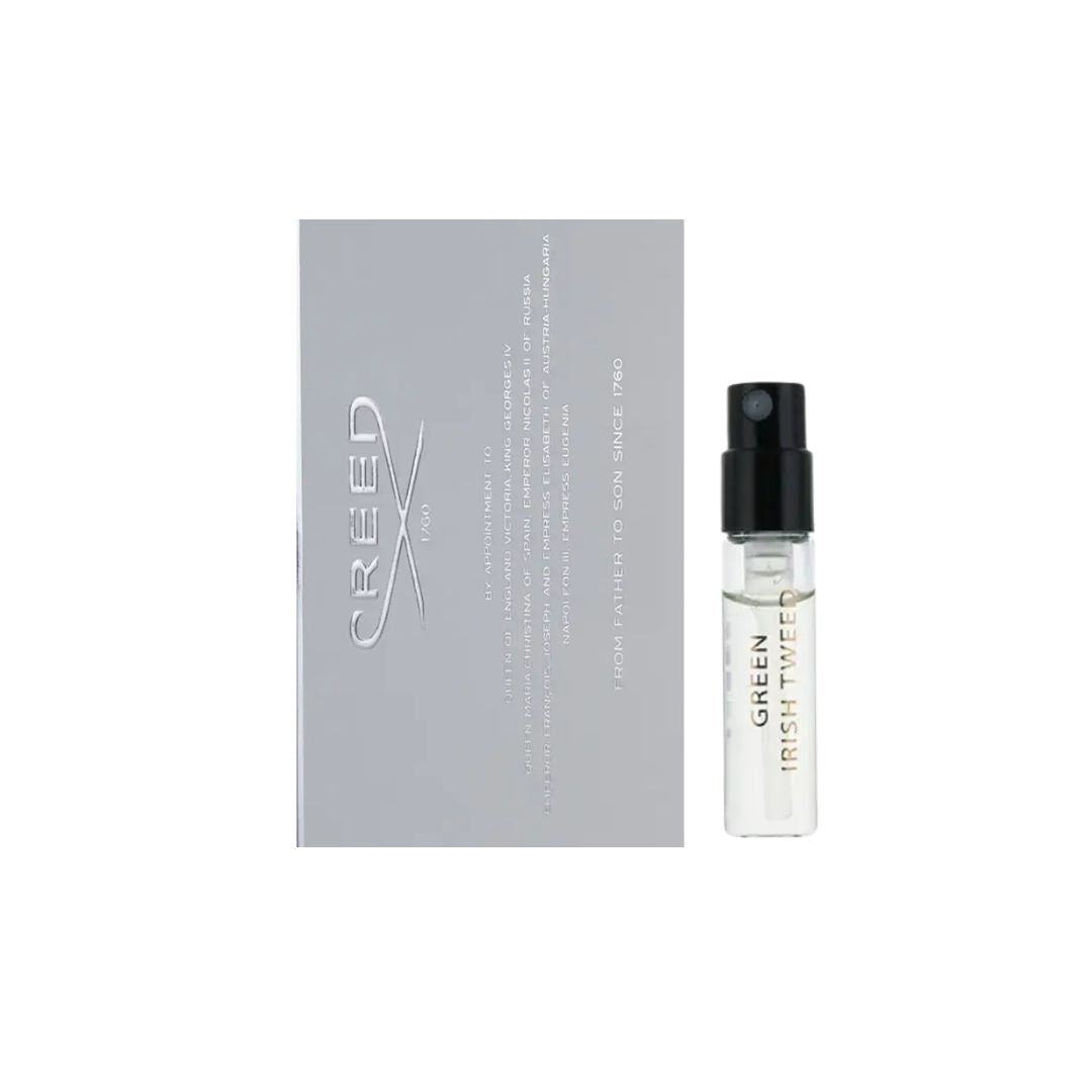 Creed Green Irish Tweed 1.7ml Vial sample and packaging with a brand logo on a white background