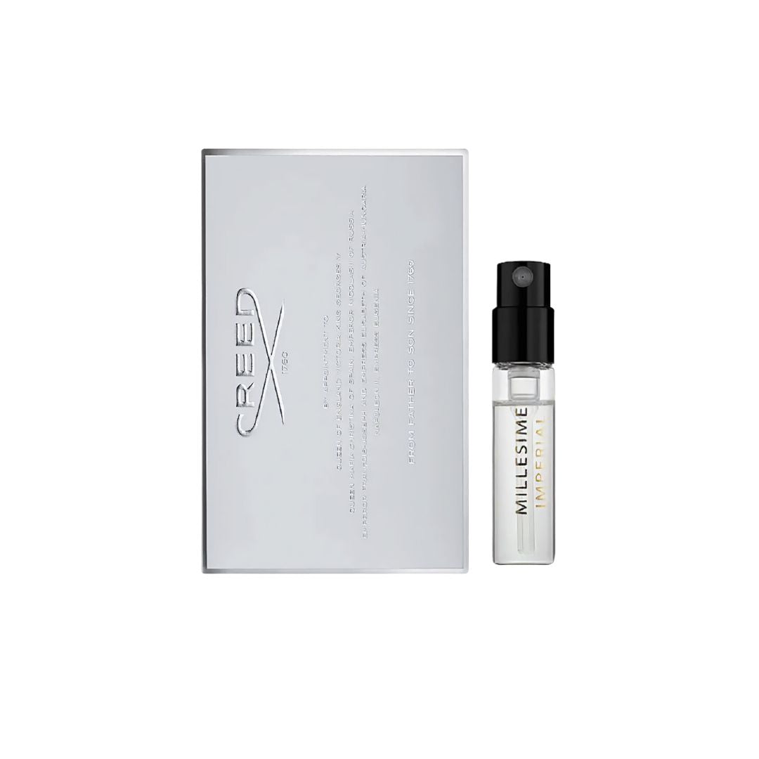 Creed Creed Millesime Imperial sample perfume 1.7ml and packaging on a white background