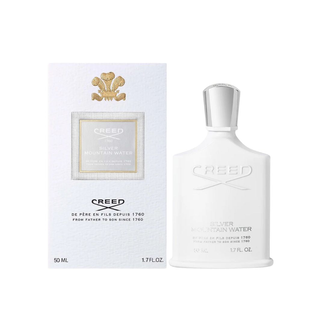 Creed perfume bottle 50ml and packaging on a white background