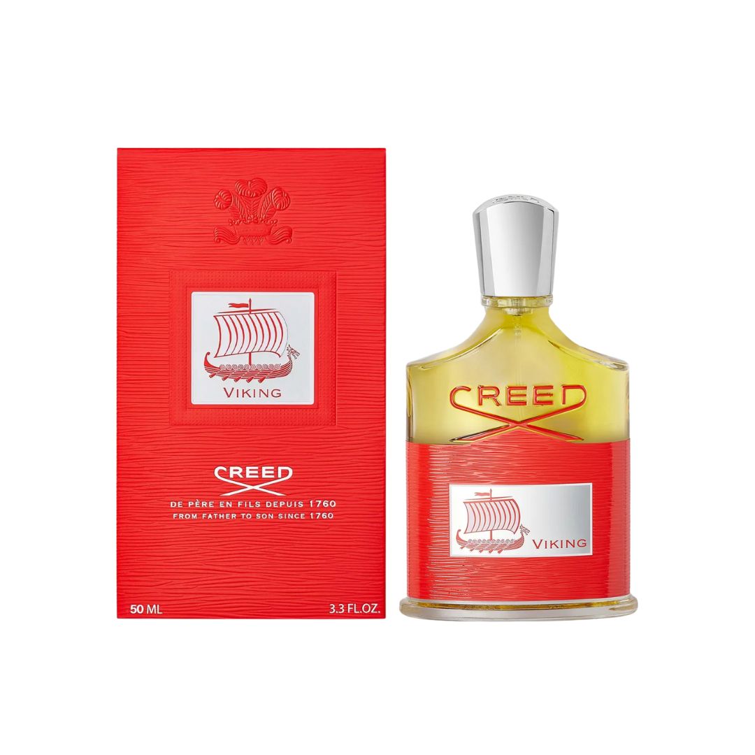 Creed Viking perfume bottle 50ml and packaging on a white background
