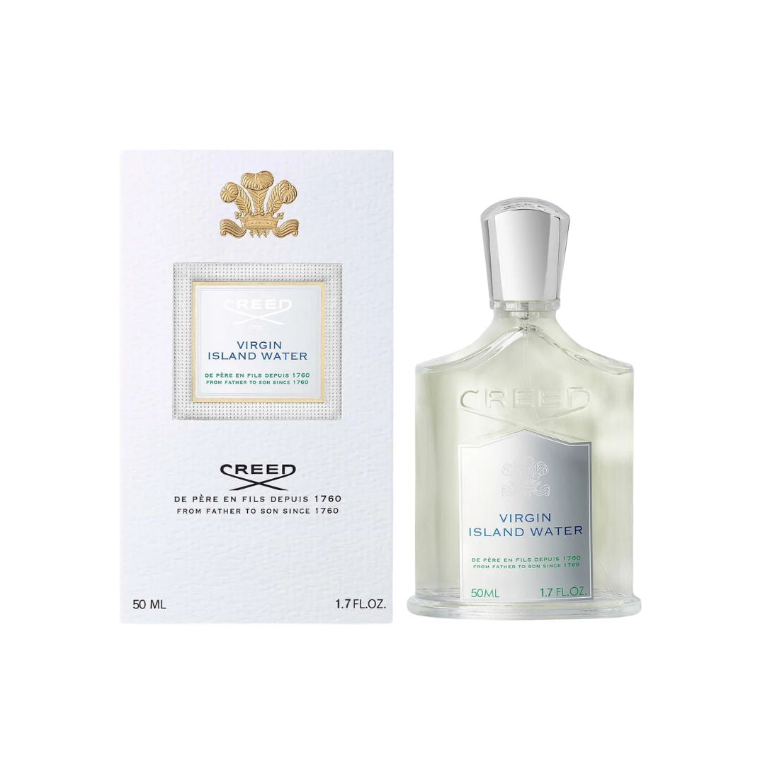 Creed Virgin Island Water perfume 50ml bottle and packaging on a white background