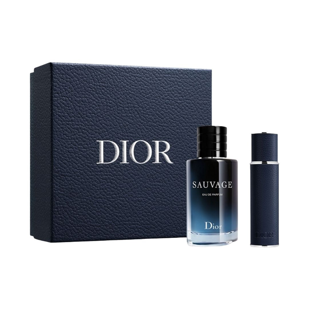 Dior Sauvage 100ml EDP 2 Piece Gift Set, featuring the iconic dark blue bottle and a travel spray in a sleek gift box