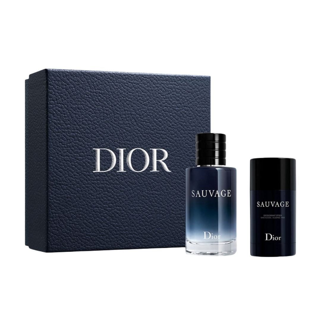 Dior Sauvage EDT 100ml 2 Piece Gift Set, featuring the iconic dark blue bottle and a deodorant stick in a sleek gift box