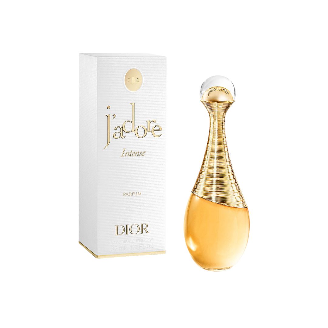 Dior J'adore Intense Parfum 35ml, iconic gold-collared amphora bottle, lush floral nectar with notes of jasmine, rose, and apricot.