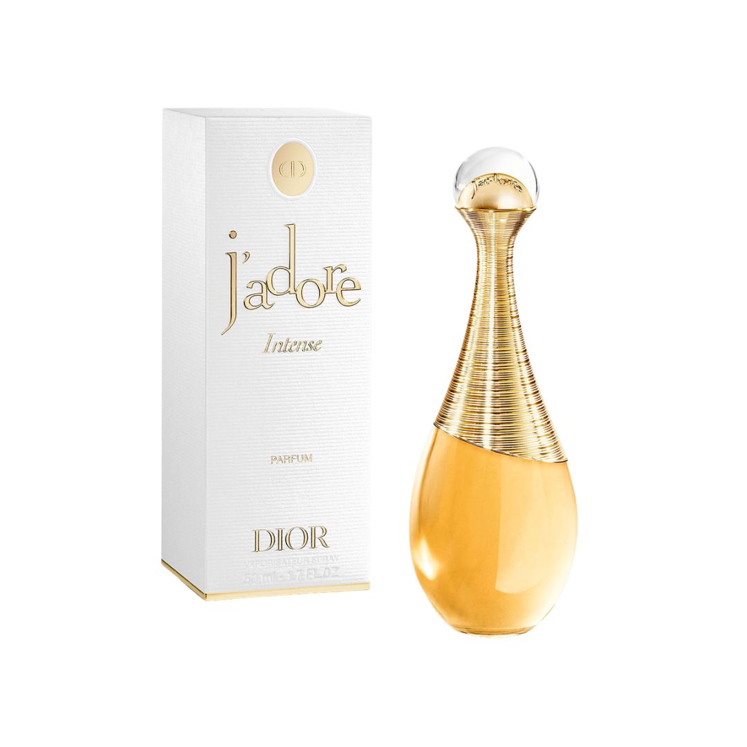 Dior J'adore Intense Parfum 50ml, iconic gold-collared amphora bottle, lush floral nectar with notes of jasmine, rose, and apricot.