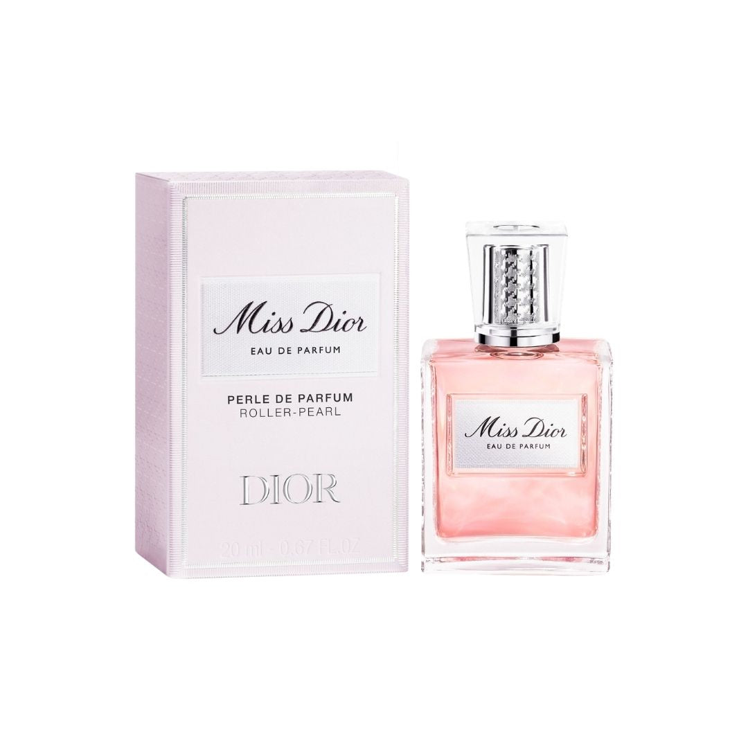 Dior Miss Dior Perle de Parfum Roller-Pearl Eau de Parfum bottle with its matching pale pink packaging box, shown on a clean white background.