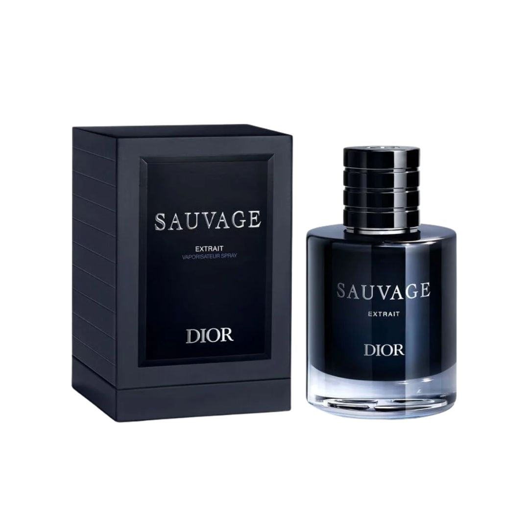 Dior Sauvage Extract de parfum spray bottle next to its black packaging box, featuring a dark navy blue liquid and silver lettering on a white background.