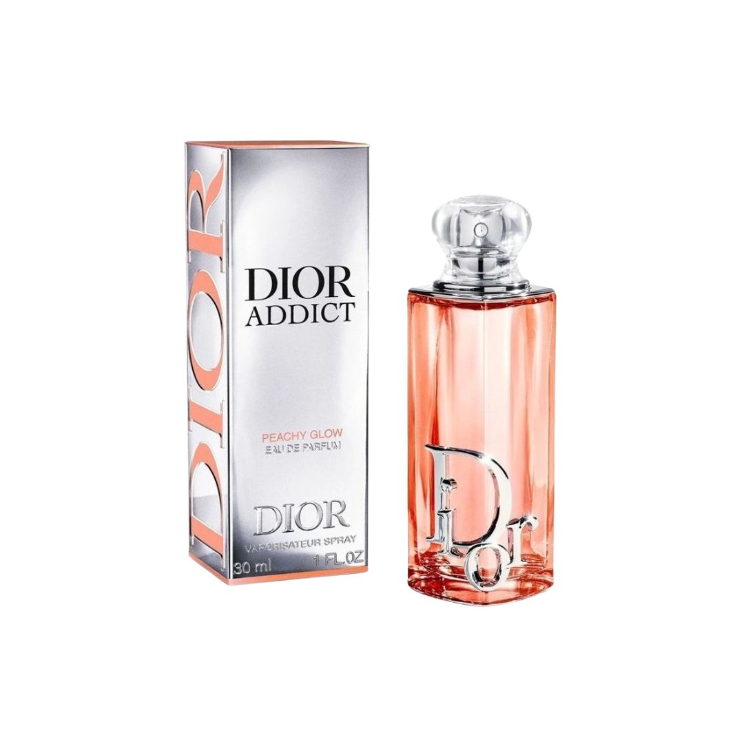 Dior Addict Peachy Glow EDP 30ml, a compact and elegant glass perfume bottle, featuring a sweet, fruity, and creamy gourmand fragrance.