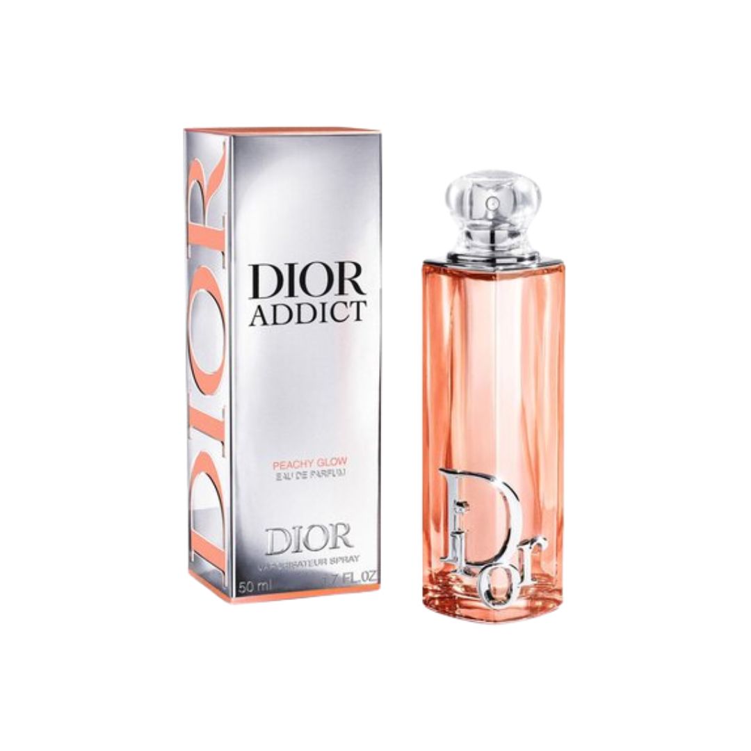 Dior Addict Peachy Glow EDP 50ml, a vibrant and modern perfume bottle reflecting a sweet, fruity, and creamy gourmand fragrance.