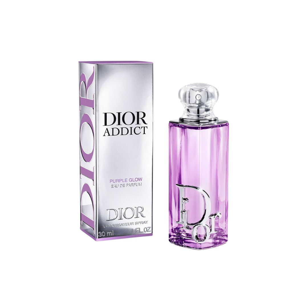 Dior Addict Purple Glow EDP 30ml, a compact, travel-friendly bottle representing a sophisticated, powdery floral gourmand fragrance.