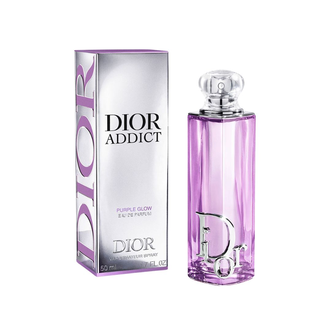Dior Addict Purple Glow EDP 50ml, an elegant glass bottle representing a sophisticated, powdery floral gourmand fragrance with raspberry and iris notes.
