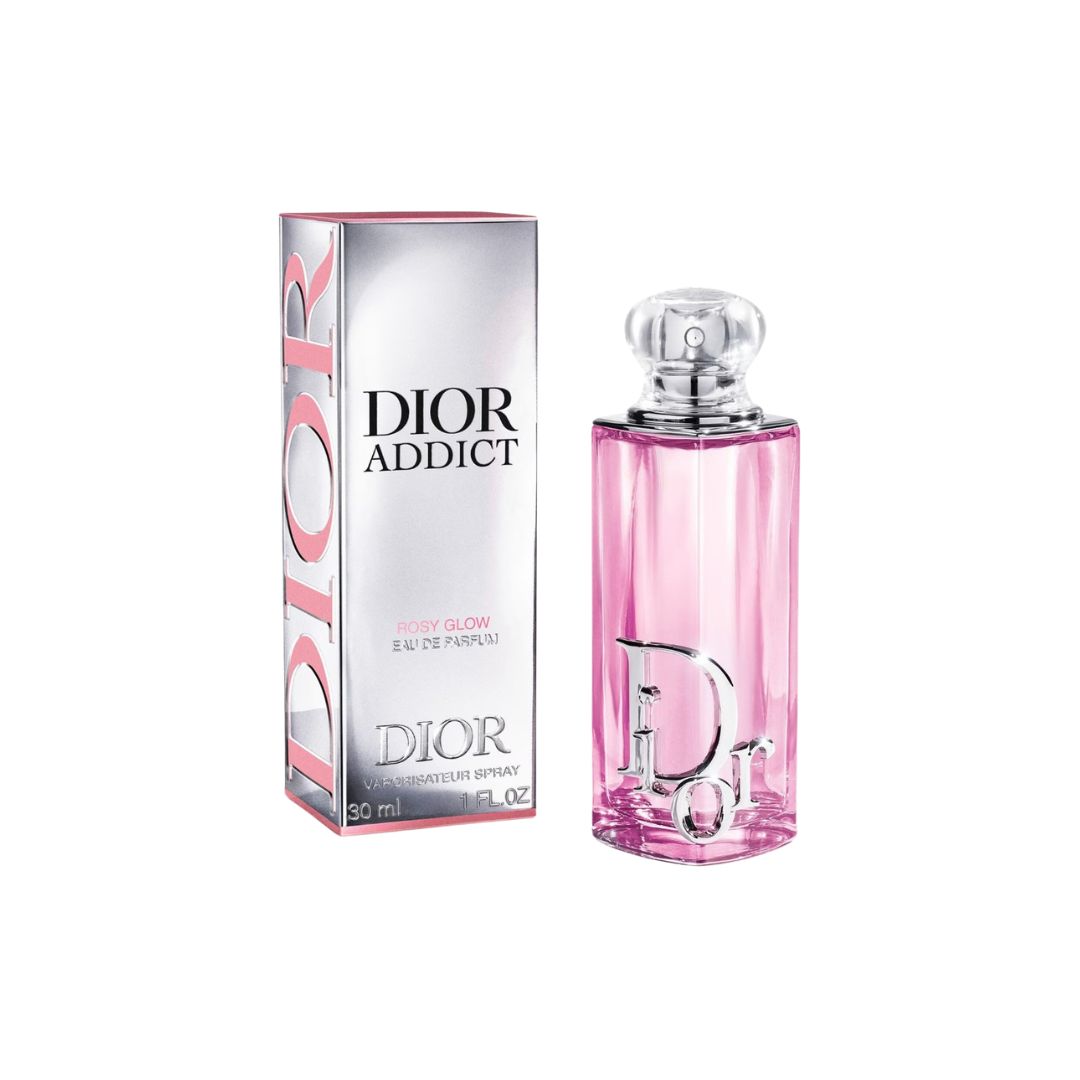 Dior Addict Rosy Glow EDP 30ml, a compact, travel-friendly pink bottle featuring a sweet, rose-forward fruity gourmand fragrance.
