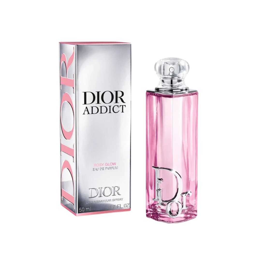 Dior Addict Rosy Glow EDP 50ml, a vibrant pink-hued bottle representing a sweet, rose-forward fruity gourmand fragrance.
