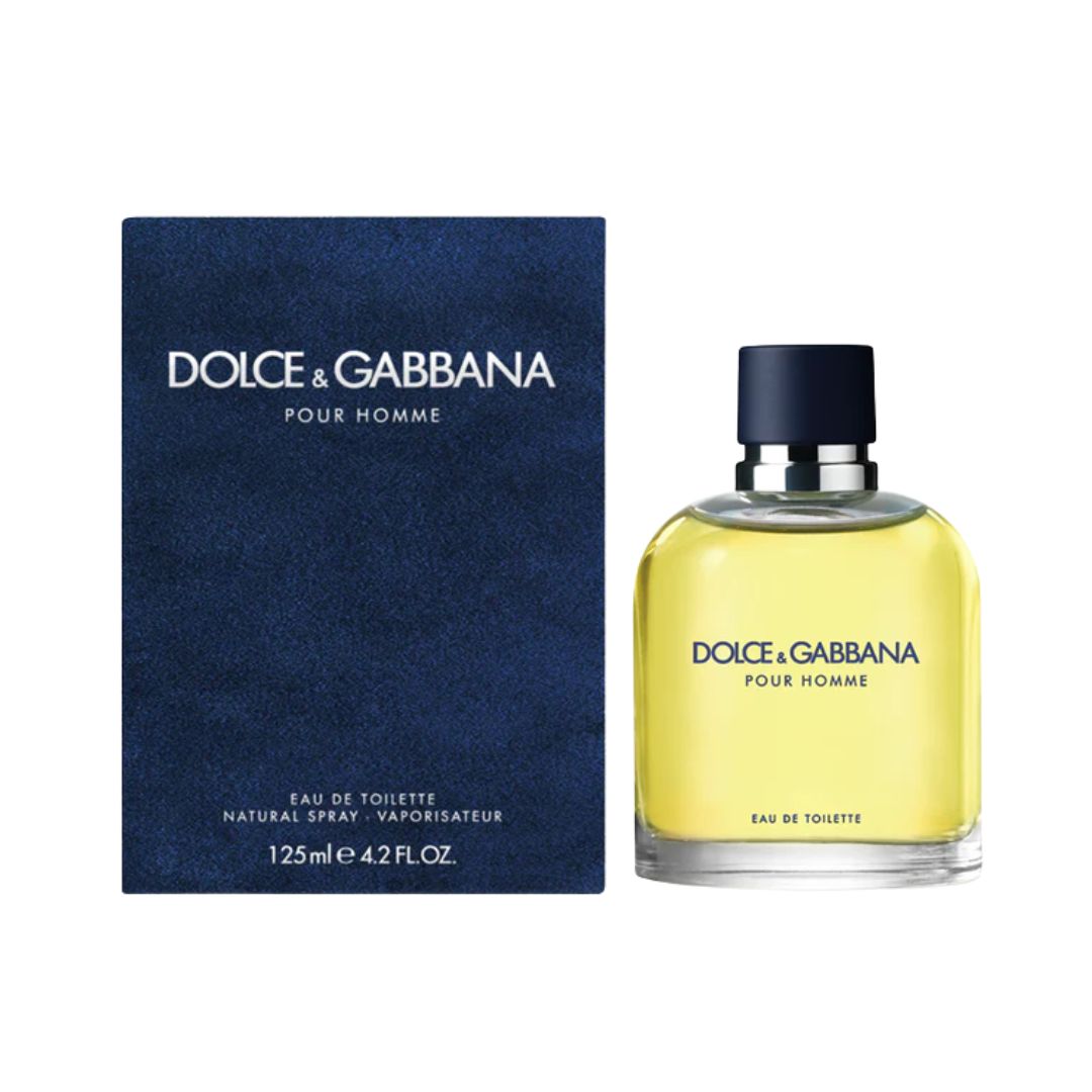 Dolce & Gabbana Pour Homme 125ml EDT, a classic clear glass bottle with a blue cap, suggesting a fresh, aromatic, and distinctly masculine Italian fragrance.