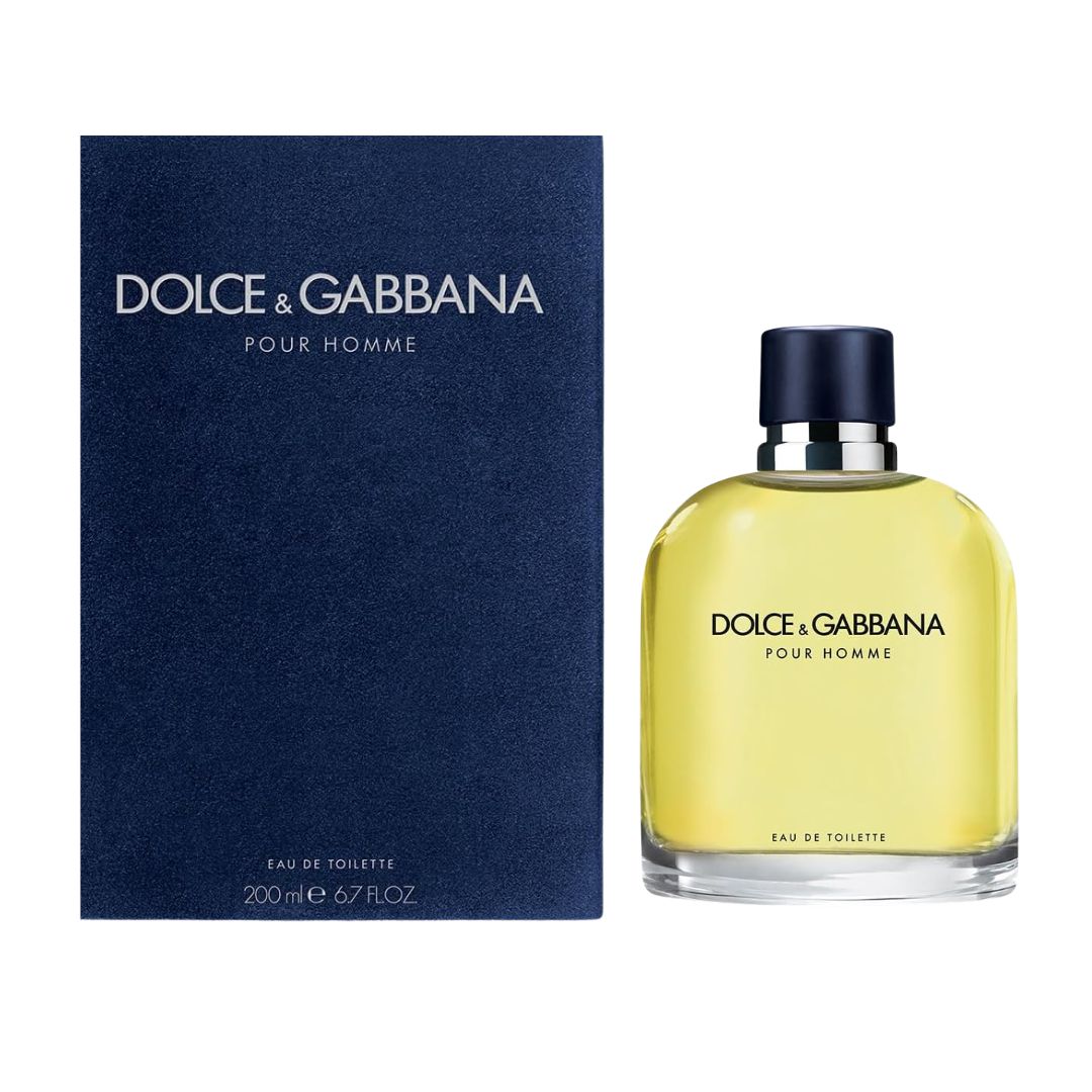 Dolce & Gabbana Pour Homme 200ml EDT, a classic clear glass bottle with a blue cap, suggesting a fresh, aromatic, and distinctly masculine Italian fragrance.
