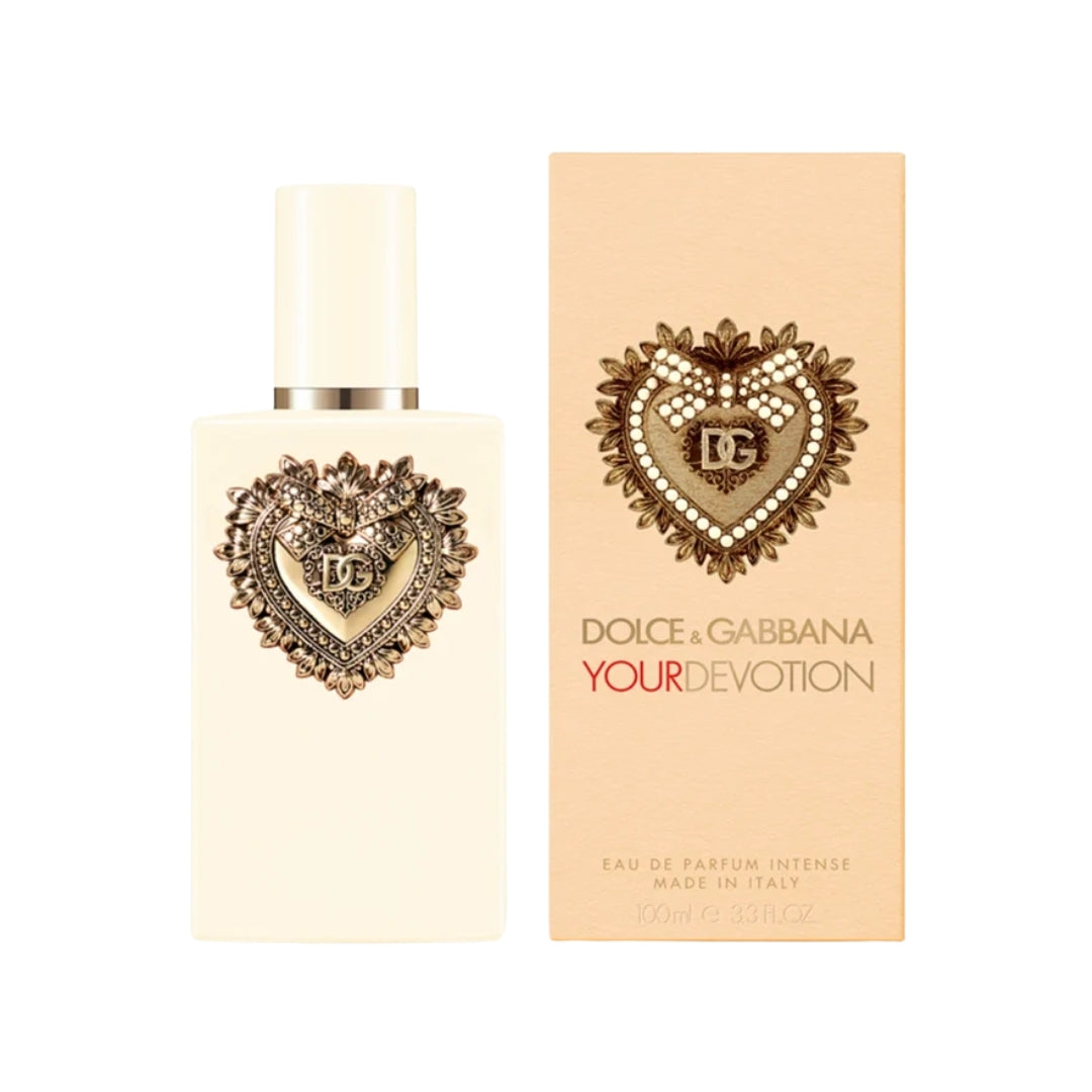 Dolce & Gabbana Your Devotion Eau de Parfum Intense 100ml bottle and its packaging box, featuring a cream-colored bottle and box with a gold and rhinestone-embellished heart logo.