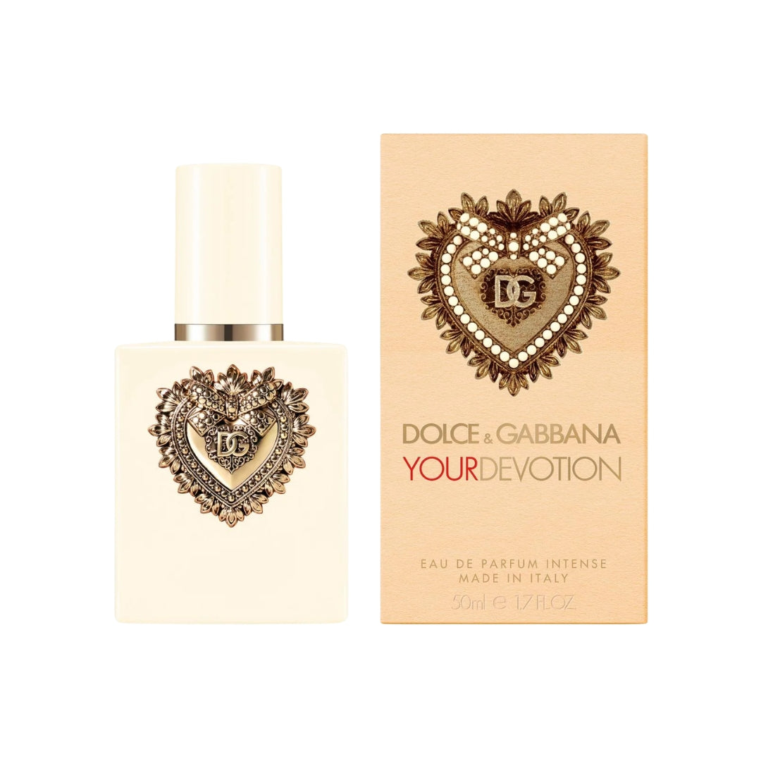 Dolce & Gabbana Your Devotion Eau de Parfum Intense 50ml bottle and its packaging box, featuring a cream-colored bottle and box with a gold and rhinestone-embellished heart logo.