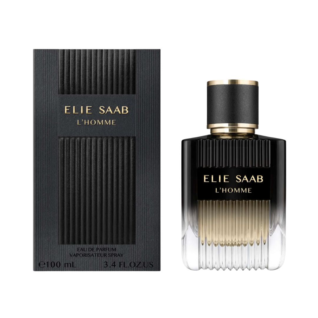 Elie Saab L'Homme 100ml EDP, a sleek, architectural glass bottle, suggesting a refined, woody, and earthy masculine fragrance in NZ