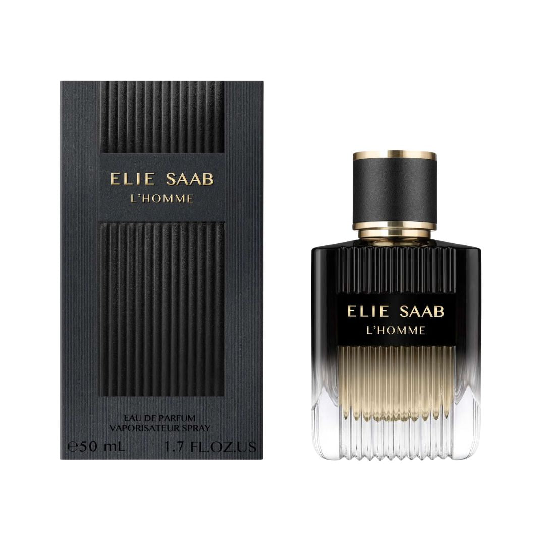 Elie Saab L'Homme 50ml EDP, a sleek, architectural glass bottle, suggesting a refined, woody, and earthy masculine fragrance in NZ