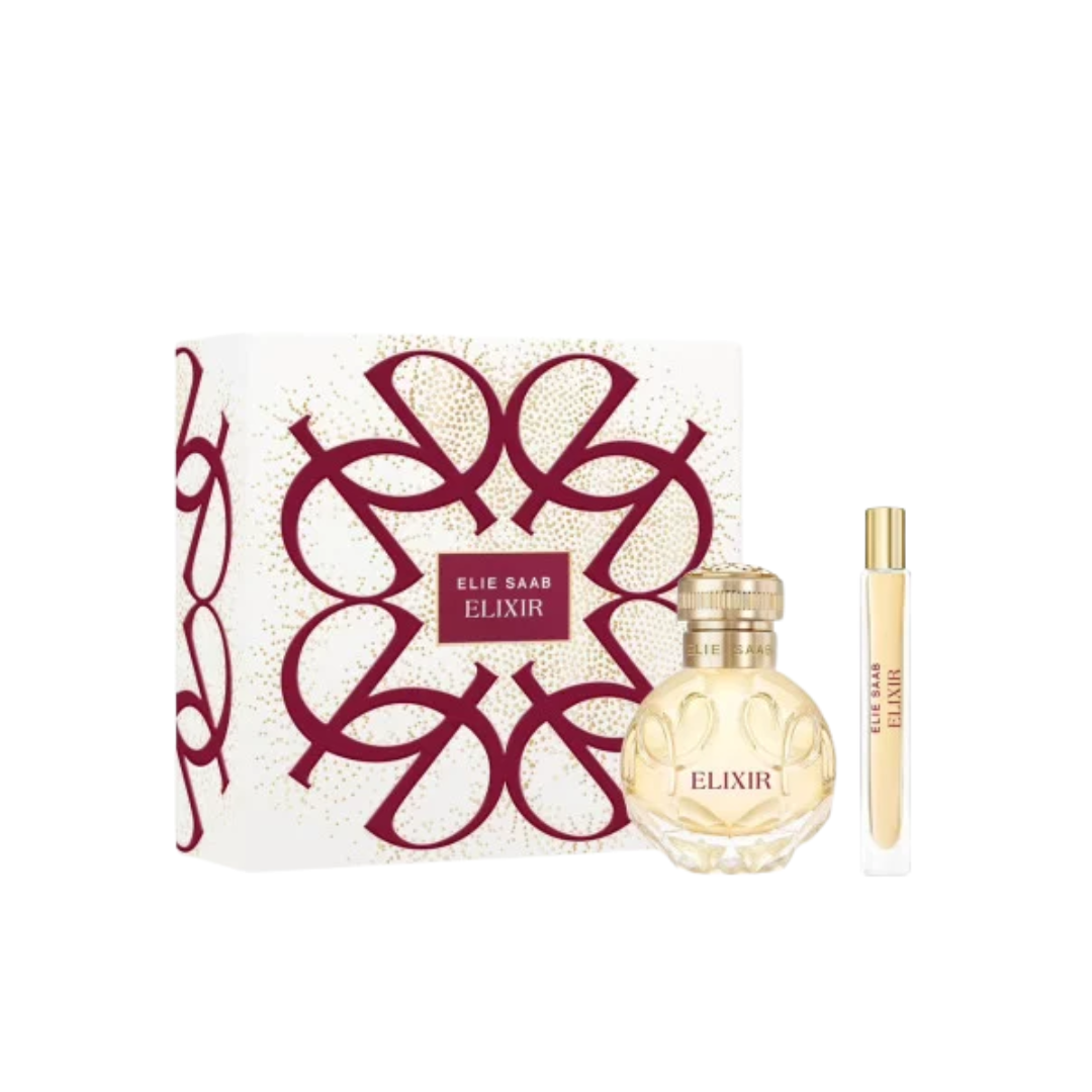 Elie Saab Elixir 50ml EDP 2 Piece Gift Set, featuring the elegant faceted bottle and a travel spray in a luxurious gift box.