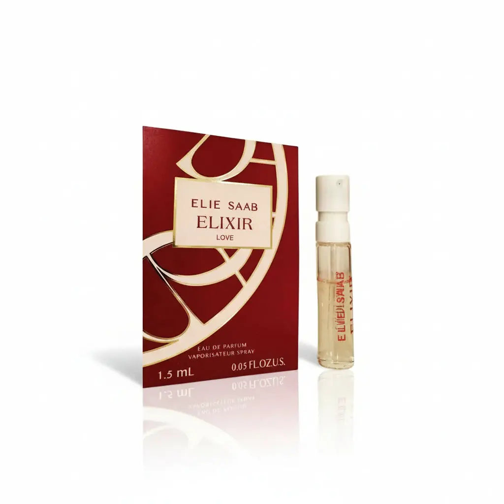 Elie Saab Elixir 1.5ml EDP perfume vial and packaging on a white background