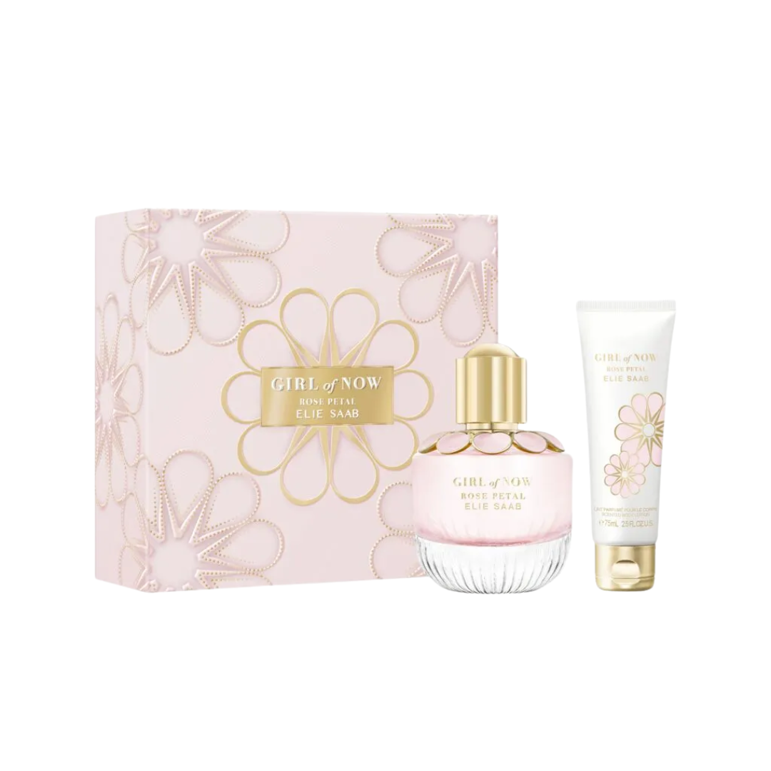 Elie Saab Girl of Now Rose Petal 50ml EDP 2 Piece Gift Set, featuring the iconic bottle and a matching body lotion in a luxurious floral-decorated gift box.