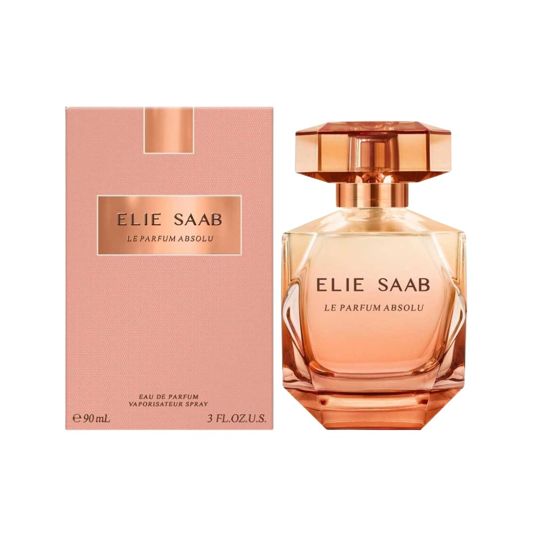 Elie Saab Le Parfum Absolu 90ml perfume bottle and its matching pink packaging box, displayed side-by-side on a clean white background.