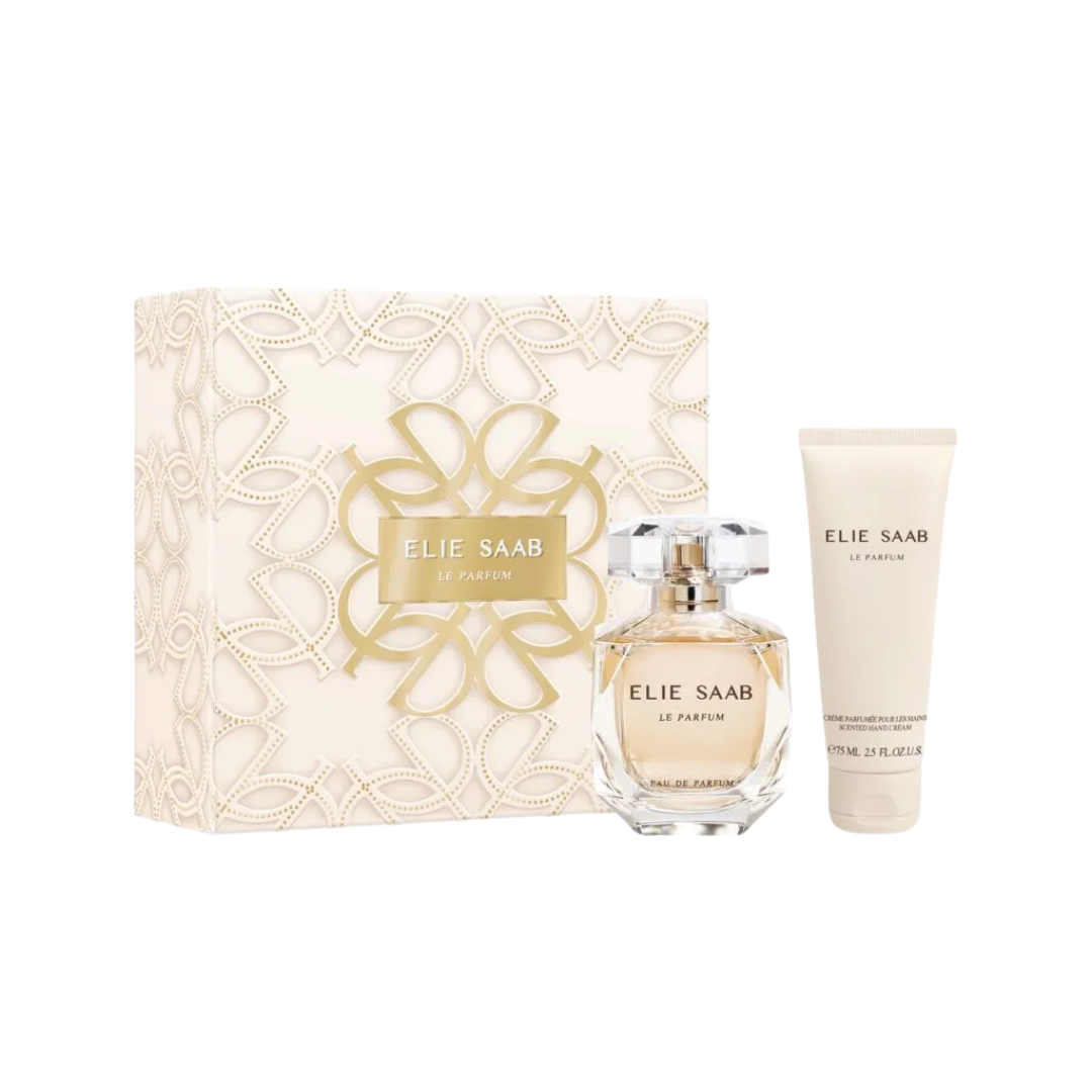 Elie Saab Le Parfum 50ml EDP 2 Piece Gift Set, featuring the elegant faceted bottle and a matching hand cream in a luxurious gift box.