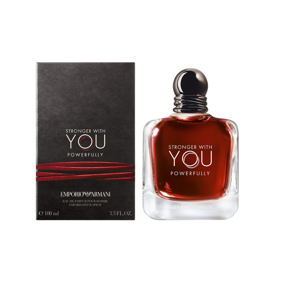 Emporio Armani Stronger With You Powerfully EDP 100ml bottle and packaging of Emporio Armani 'Stronger with You Powerfully' on a white background