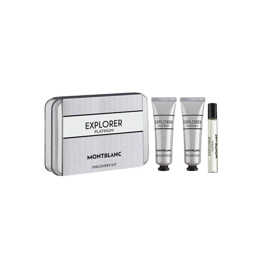 Montblanc Explorer Platinum discovery kit on a white background