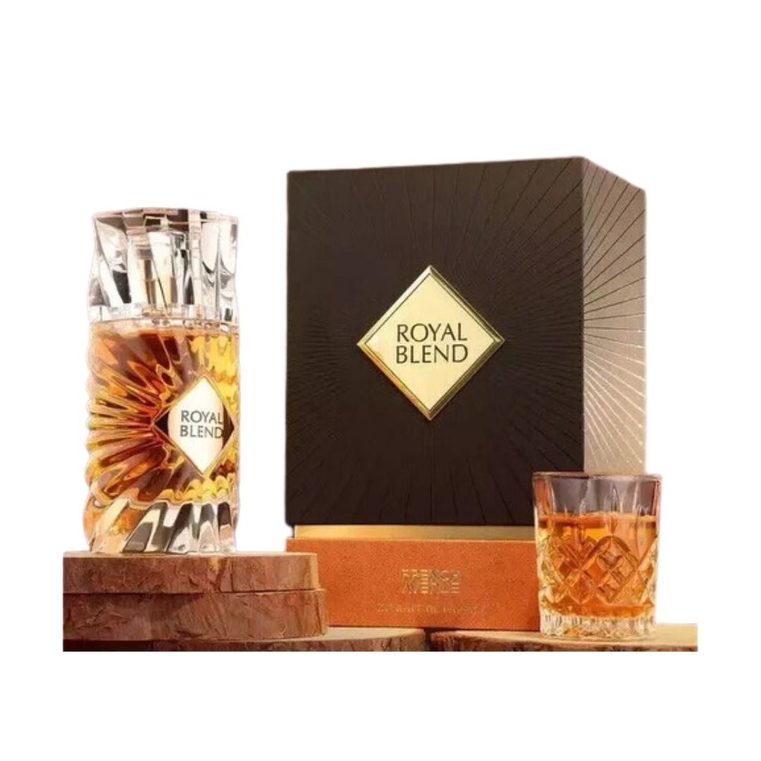 French Avenue Royal Blend 100ml EDP, an elegant bottle, suggesting a warm, boozy, spicy, and luxurious unisex fragrance in NZ