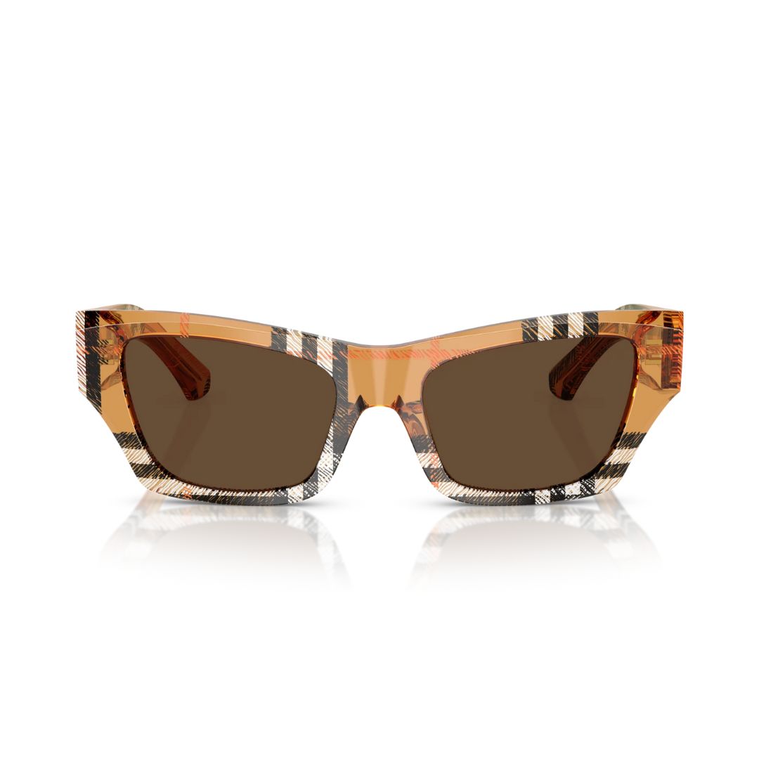 Front View: Burberry BE4441U 414673 Women’s Sunglasses - Check Sand Frame, Dark Brown Lenses - Front View