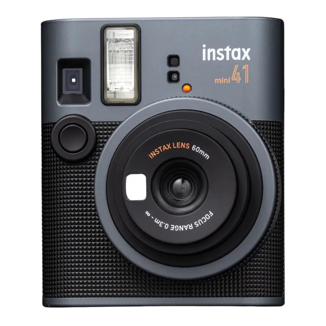 Front view of the Fujifilm Instax Mini 41 instant camera in classic black and silver with orange accents.
