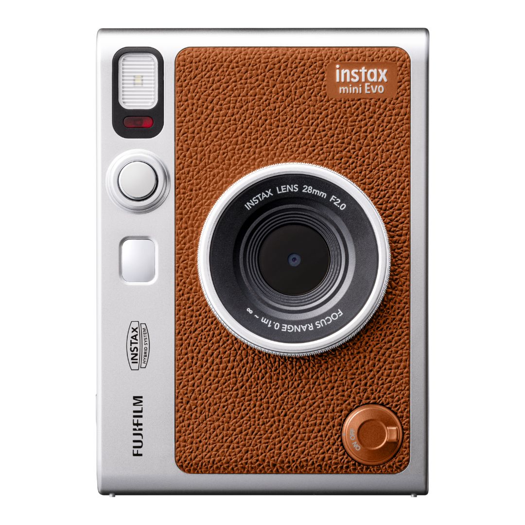 Front view of the Fujifilm Instax Mini Evo in vintage brown with a leather-look finish