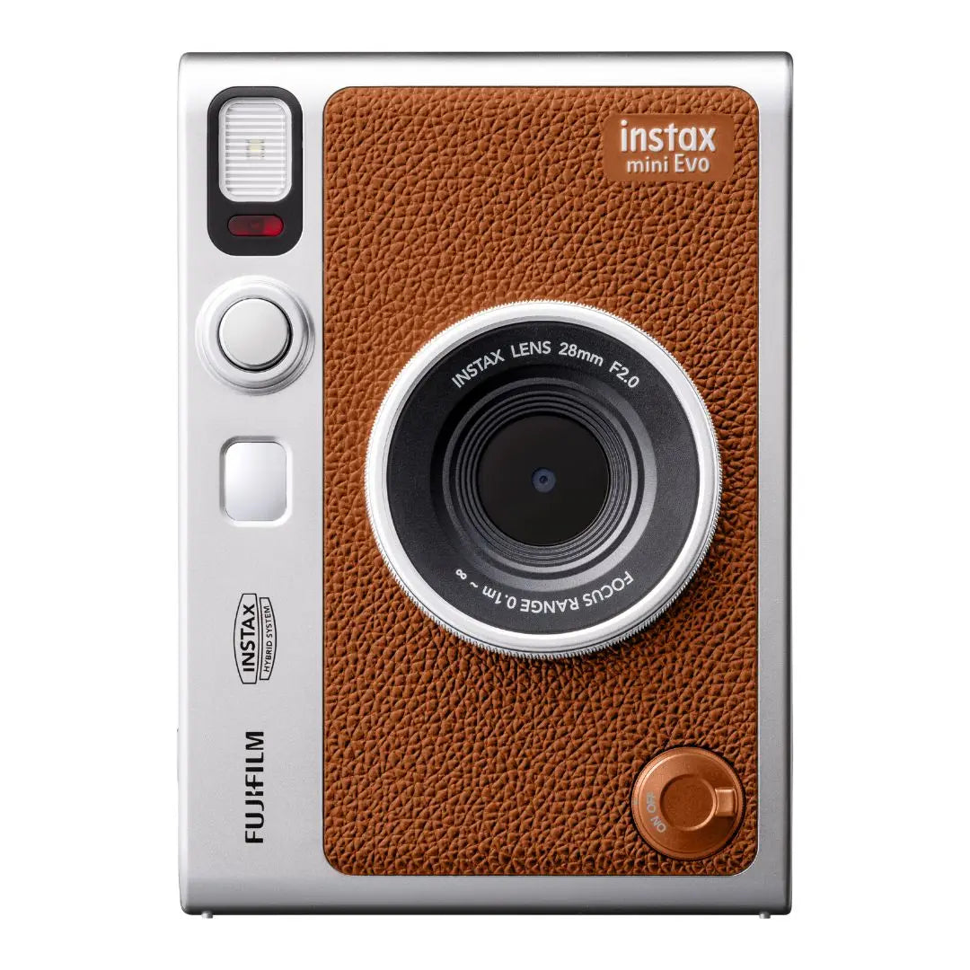 Front view of the Fujifilm Instax Mini Evo in vintage brown with a leather-look finish
