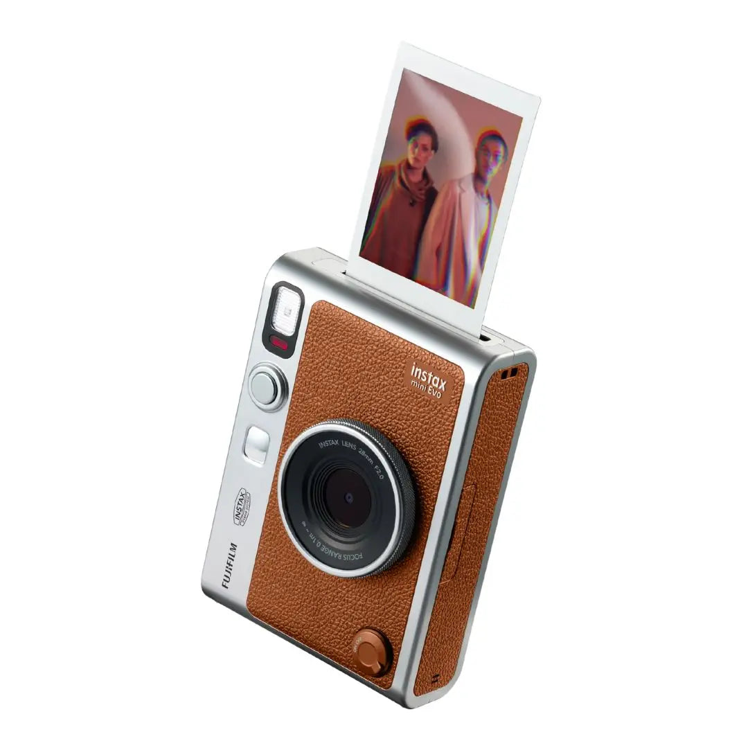 Angle view of the brown Instax Mini Evo showing the lens and physical print lever.