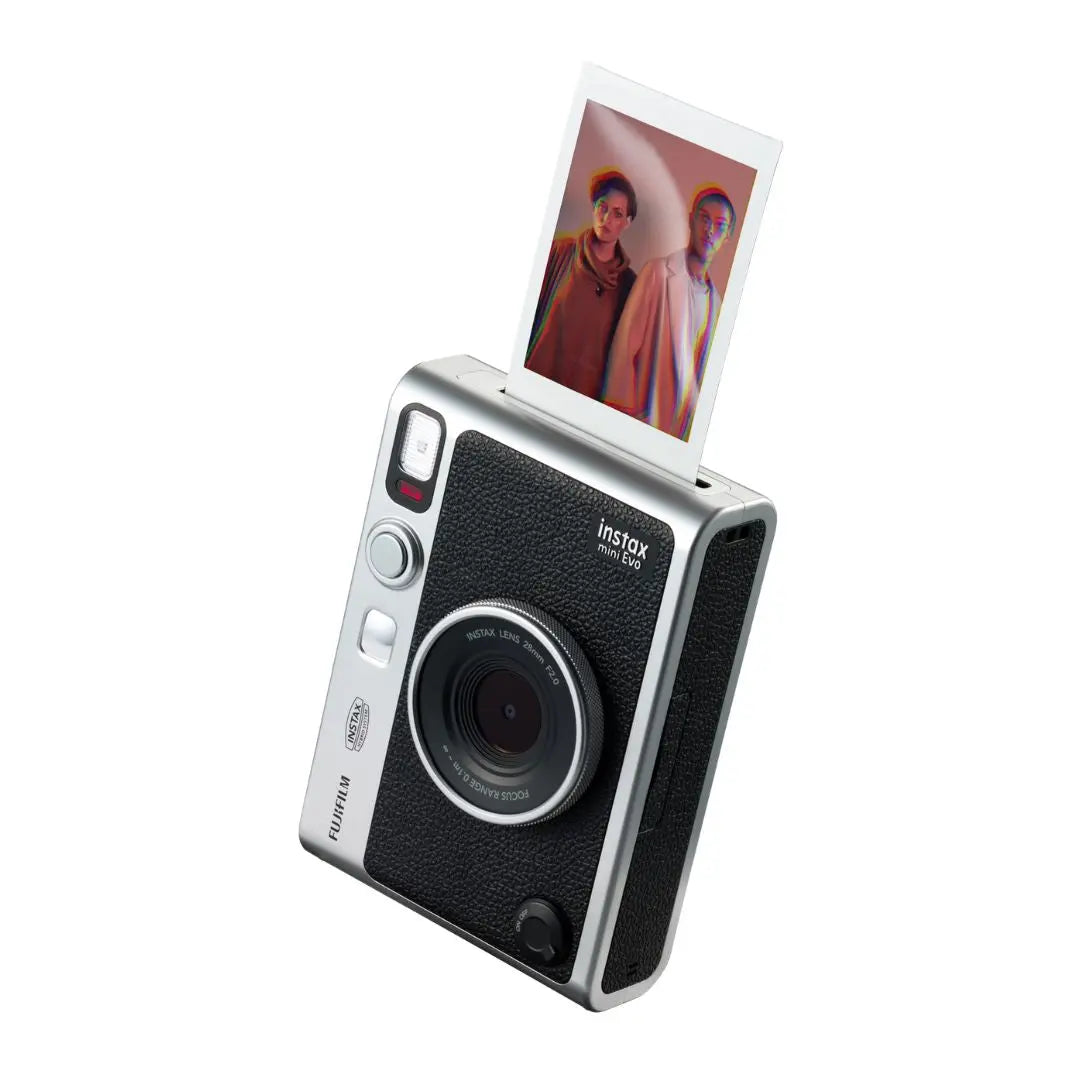 Close up view of the Fujifilm Instax Mini Evo in black with a retro lens design.