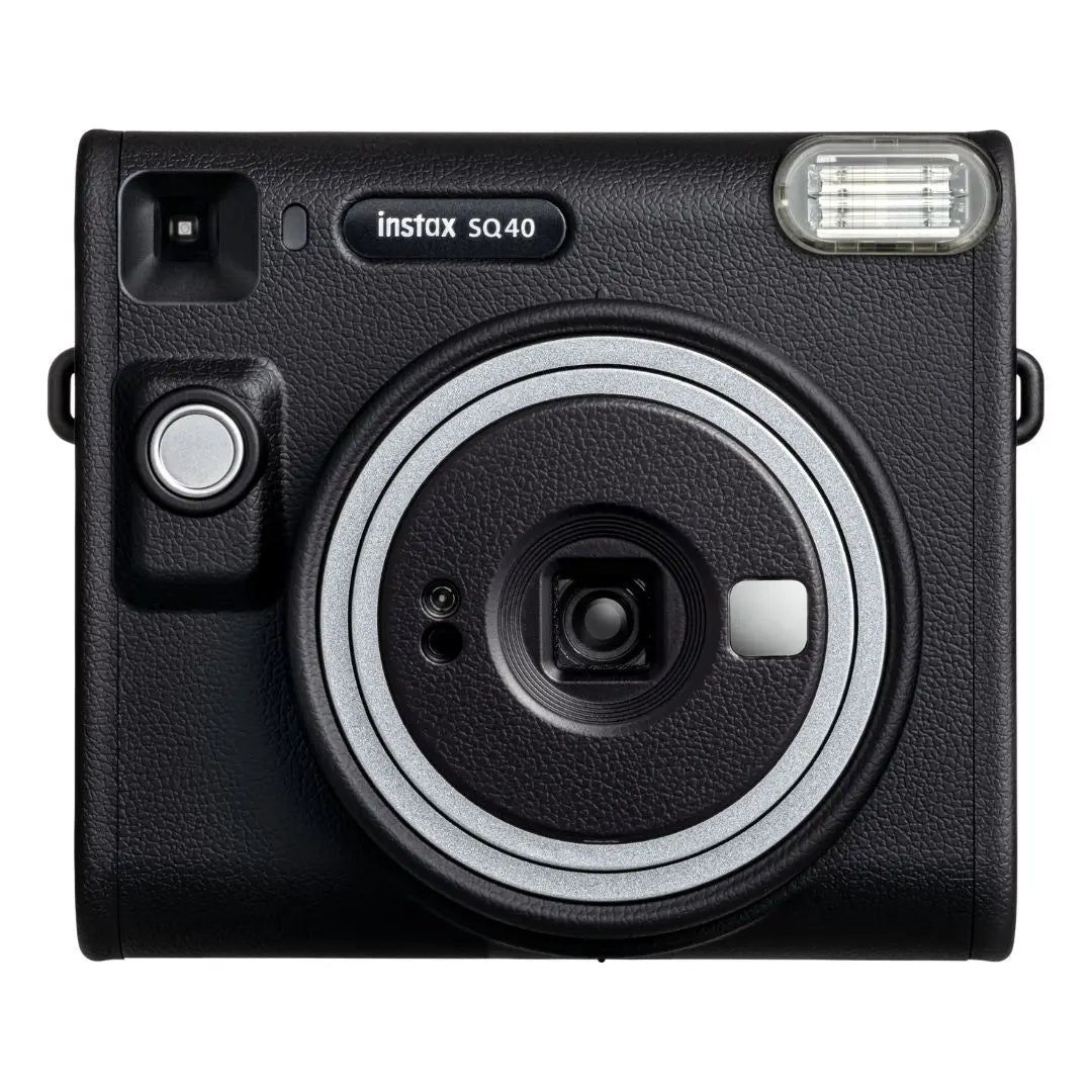 Front view of the Fujifilm Instax Square SQ40 instant camera featuring a classic black leather-textured finish.